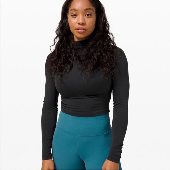 lululemon athletica Tops - Lululemon Womens All Aligned Mock Neck Long Sleeve Active Crop Top Black Size 10